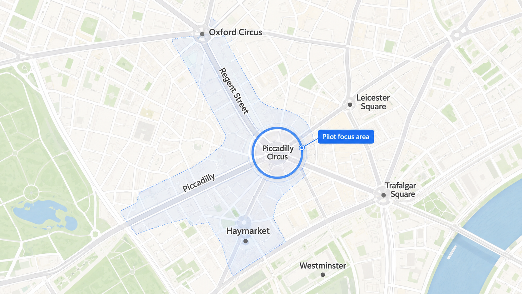 Map of Westminster showing the pilot focus area around Piccadilly Circus, Regent Street South, Piccadilly and Haymarket.